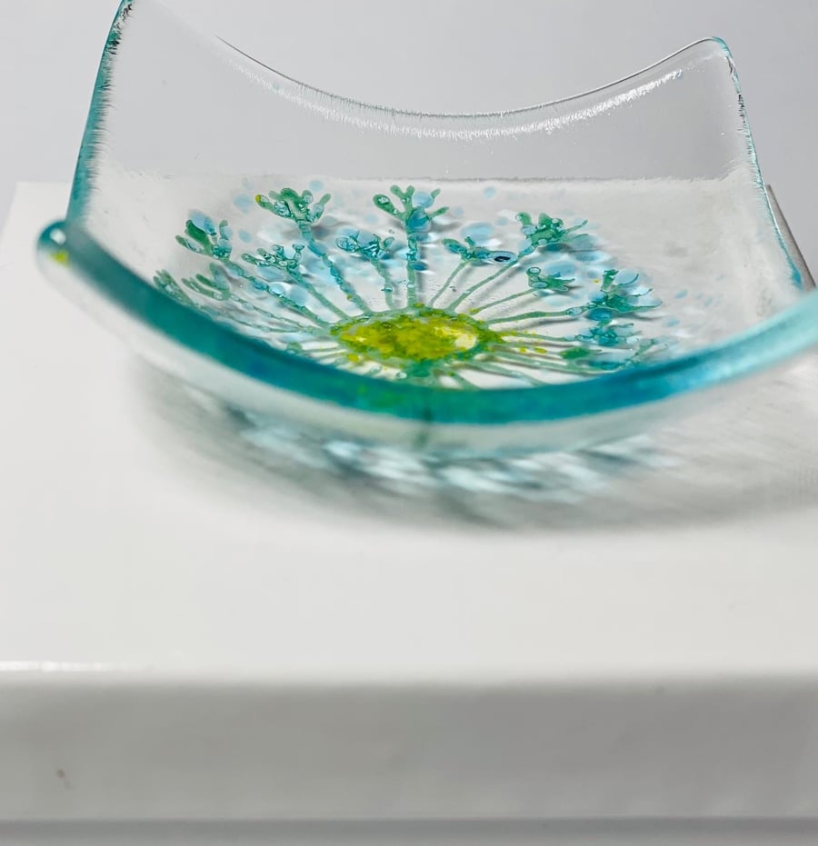 dandelion “Make a wish “ (blue)- fused glass trinket dish