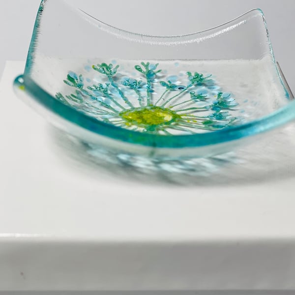 dandelion “Make a wish “ (blue)- fused glass trinket dish