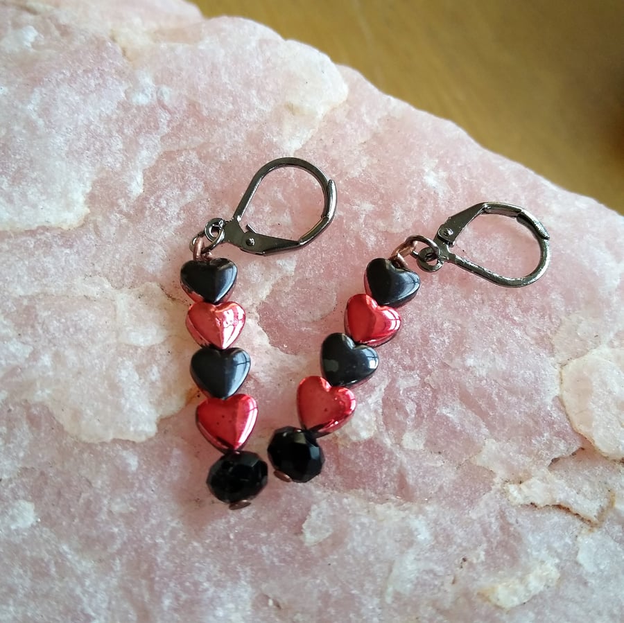 Red & Black Hematite Gemstone Heart Earrings