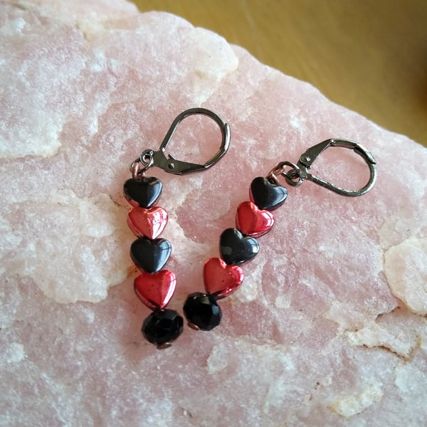 Red & Black Hematite Gemstone Heart Earrings