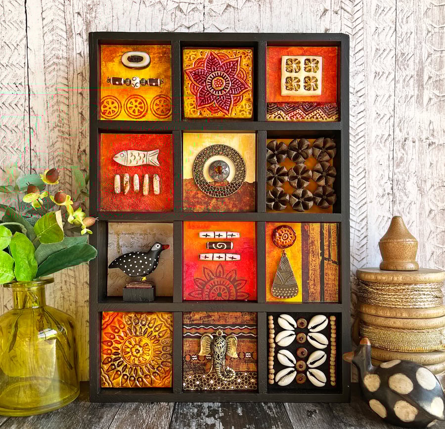 ON SALE: Quirky mixed media artwork, assemblage art, boho decor,