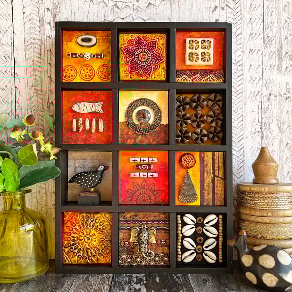 Quirky mixed media artwork, assemblage art, boho decor,