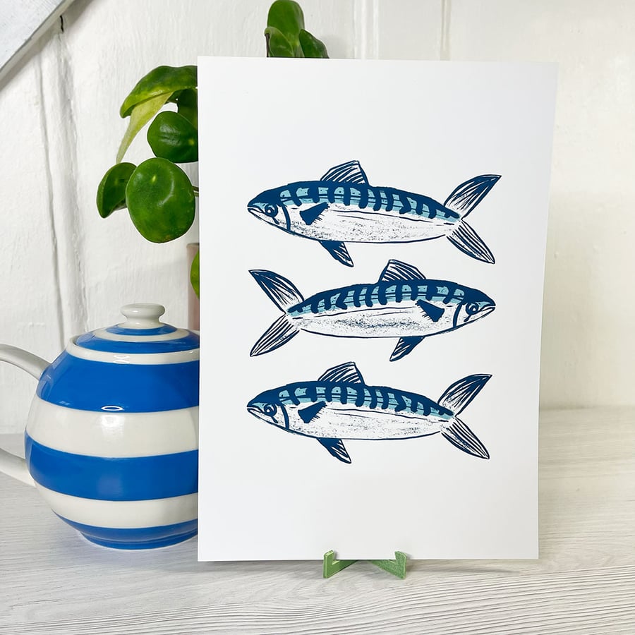 Cornish Mackerel Illustrated Art Print Handmade in Cornwall