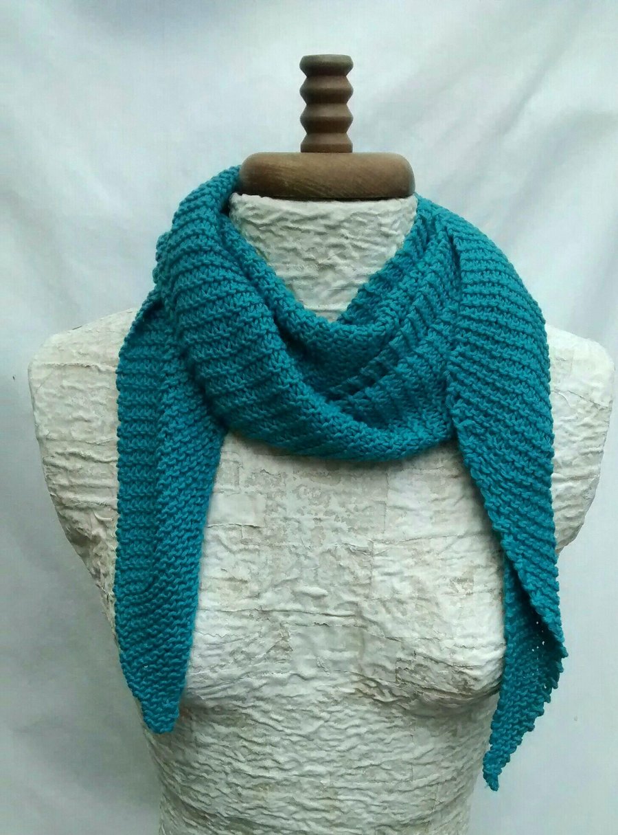 Hand Knit Scarf, Teal Cotton