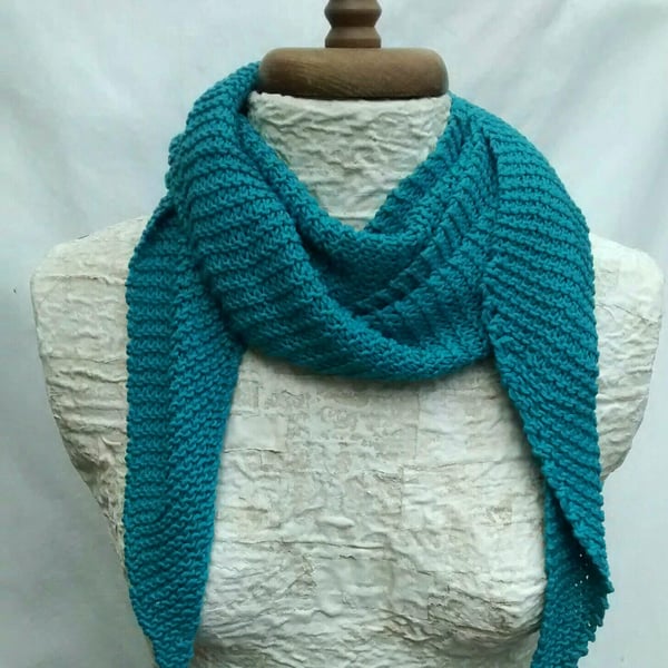 Hand Knit Scarf, Teal Cotton