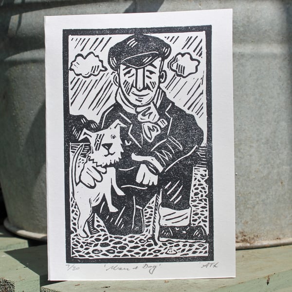 Man and Dog Hand Printed Linocut Card