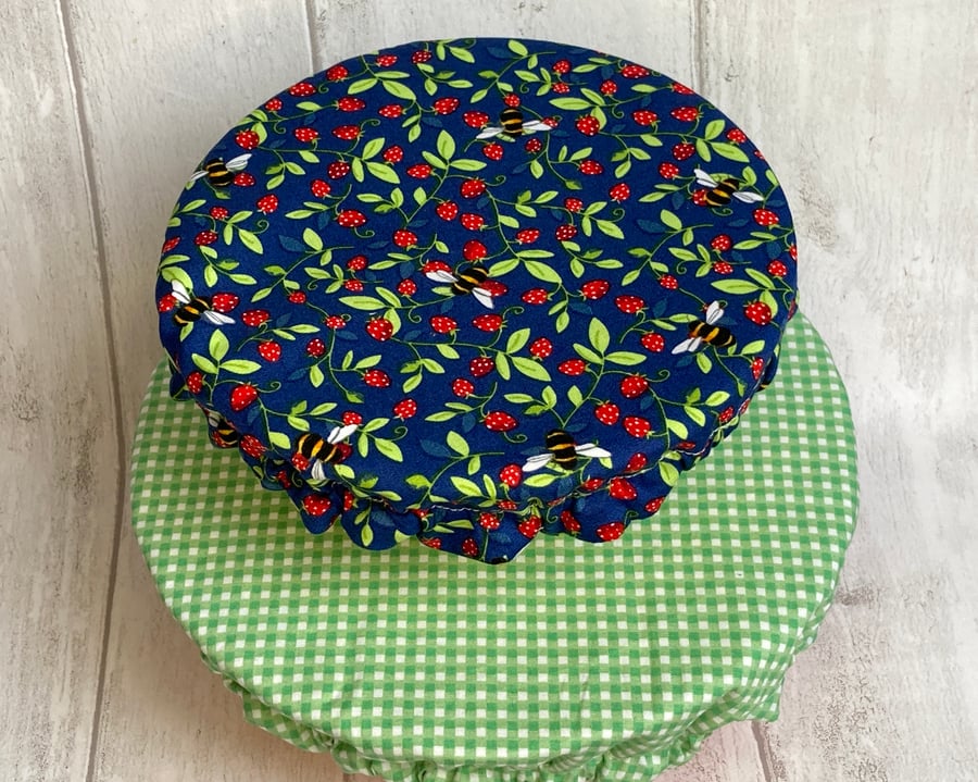 Reusable bowl covers - set of two. Strawberries and bees