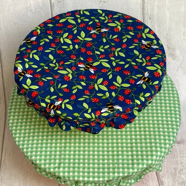 Reusable bowl covers - set of two. Strawberries and bees
