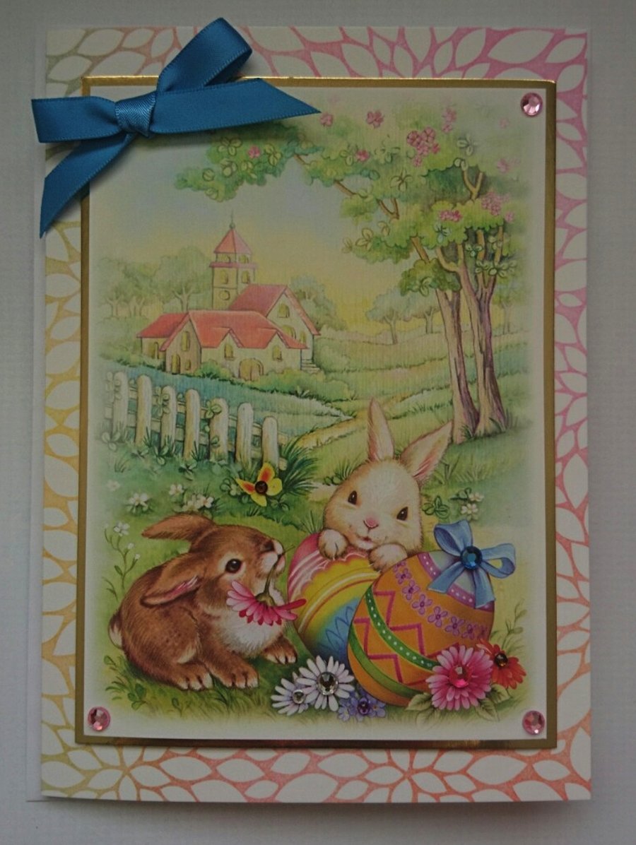 Easter Card Country Church Eggs and Cute Bunny Rabbits 3D Luxury Handmade Card