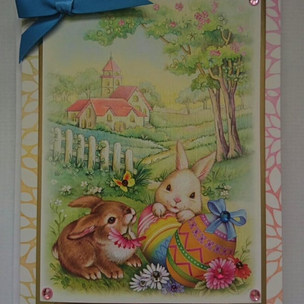 Easter Card Country Church Eggs and Cute Bunny Rabbits 3D Luxury Handmade Card