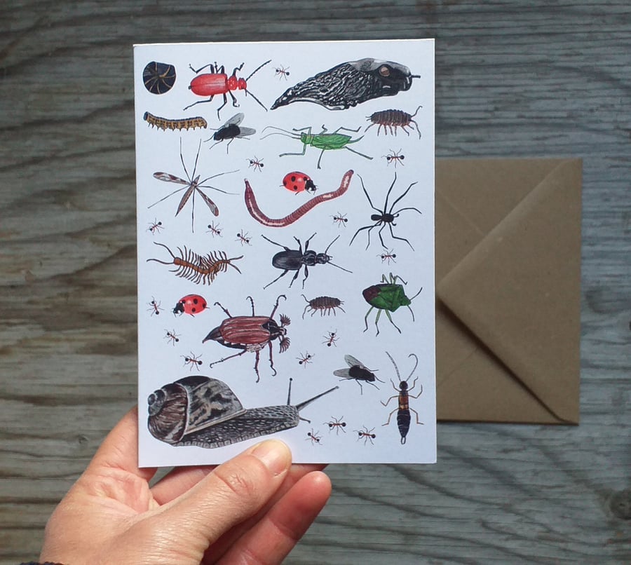 Marvellous mini-beasts card by Alice Draws The Line featuring illustrations of l