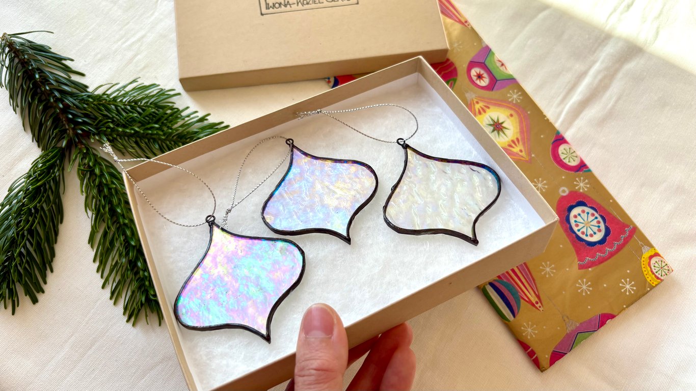 Stained glass iridescent Christmas baubles set, Christmas decor