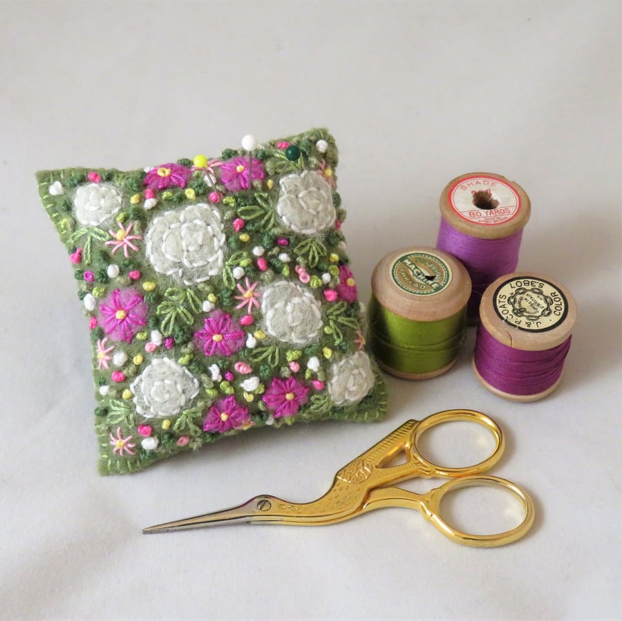 White roses with magenta anemones  pincushion felted and embroidered