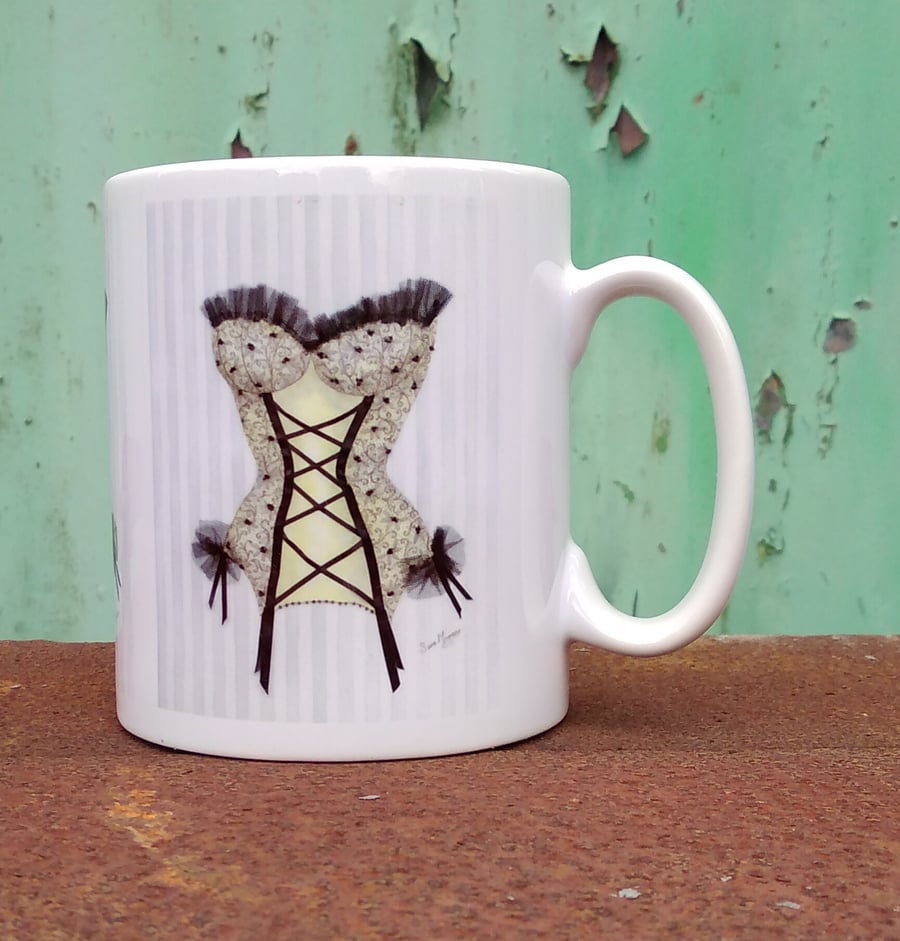 Mug printed with yellow and black corset image from original painting