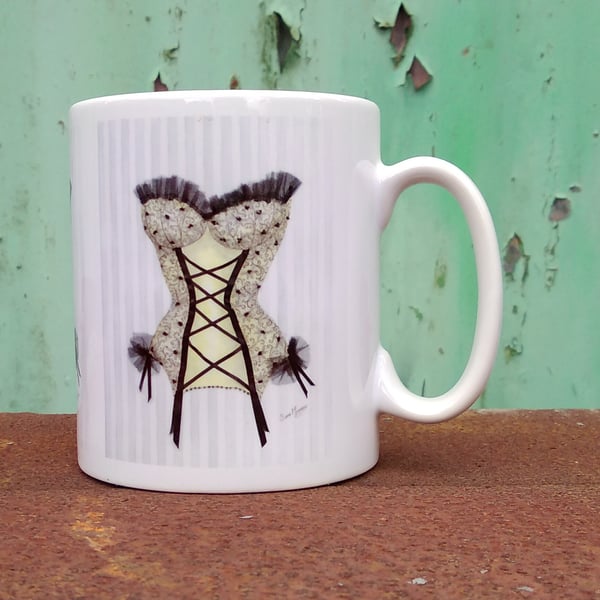 Mug printed with yellow and black corset image from original painting