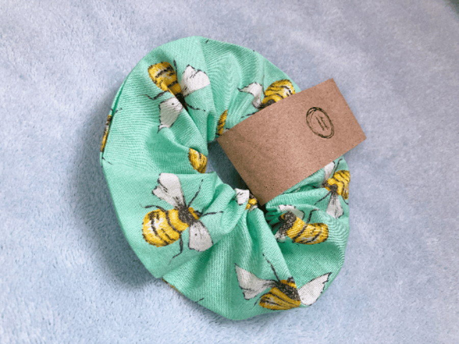 Hair scrunchie, bee print, mint ties & elastics, green girls accessories, nature