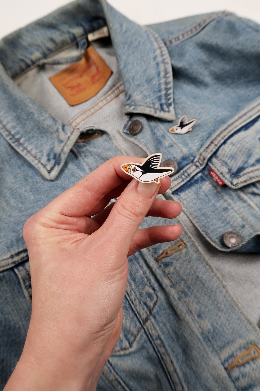 Puffin bird wooden pin badge, bird lover gift.