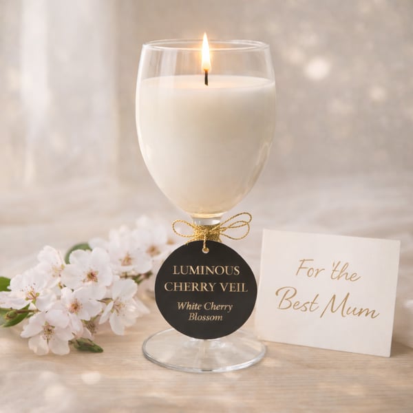 White Cherry Blossom Candle in Wine Glass Hand-poured LUMINOUS