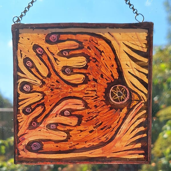 CROW SUNCATCHER WALL HANGING. HAND PAINTED BIRD. 5 x 5 inches.