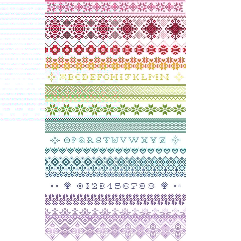 131A - Reduced Height Rainbow Band Alphabet Long Dog Sampler on White CSPattern