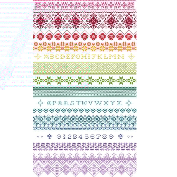 131A - Reduced Height Rainbow Band Alphabet Long Dog Sampler on White CSPattern