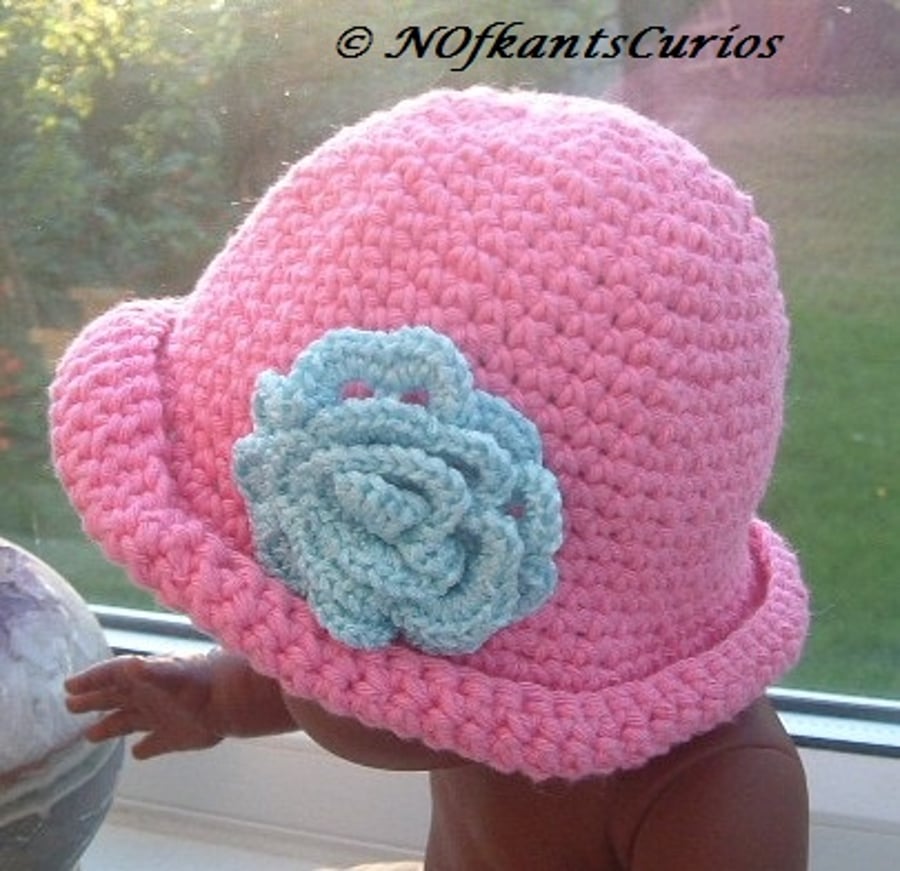 Pretty in Pink!  Crocheted Cotton Baby Hat with Rose for Newborn Baby.