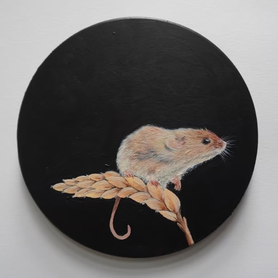 Original acrylic Fine Art painting field mouse circular mice wheat stalk.