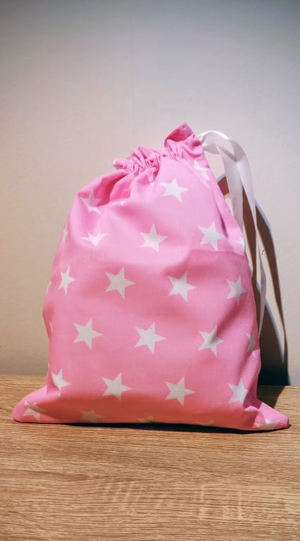 Reusable Fabric gift bag, Project bag Pink with White Stars.