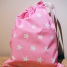 Reusable Fabric gift bag, Project bag Pink with White Stars.