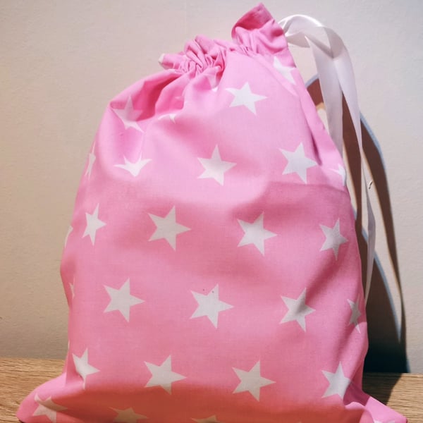 Reusable Fabric gift bag, Project bag Pink with White Stars.