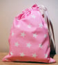 Reusable Fabric gift bag, Project bag Pink with White Stars.