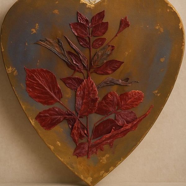 Heart-Shaped Wall Art with Real Dried Leaves – Handmade Canvas Decor