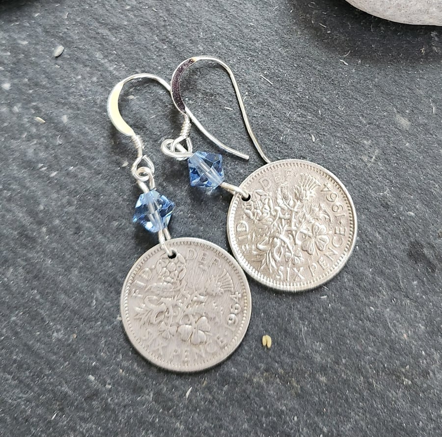 Sixpence coin earrings with pale blue crystals