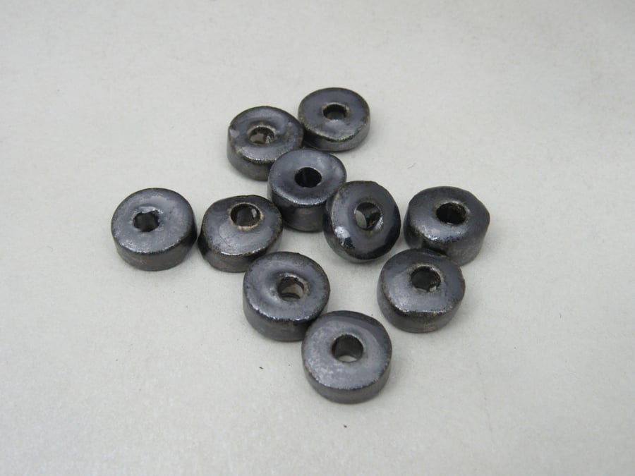 10 Small Metallic Silver Glazed Ceramic Washer Beads