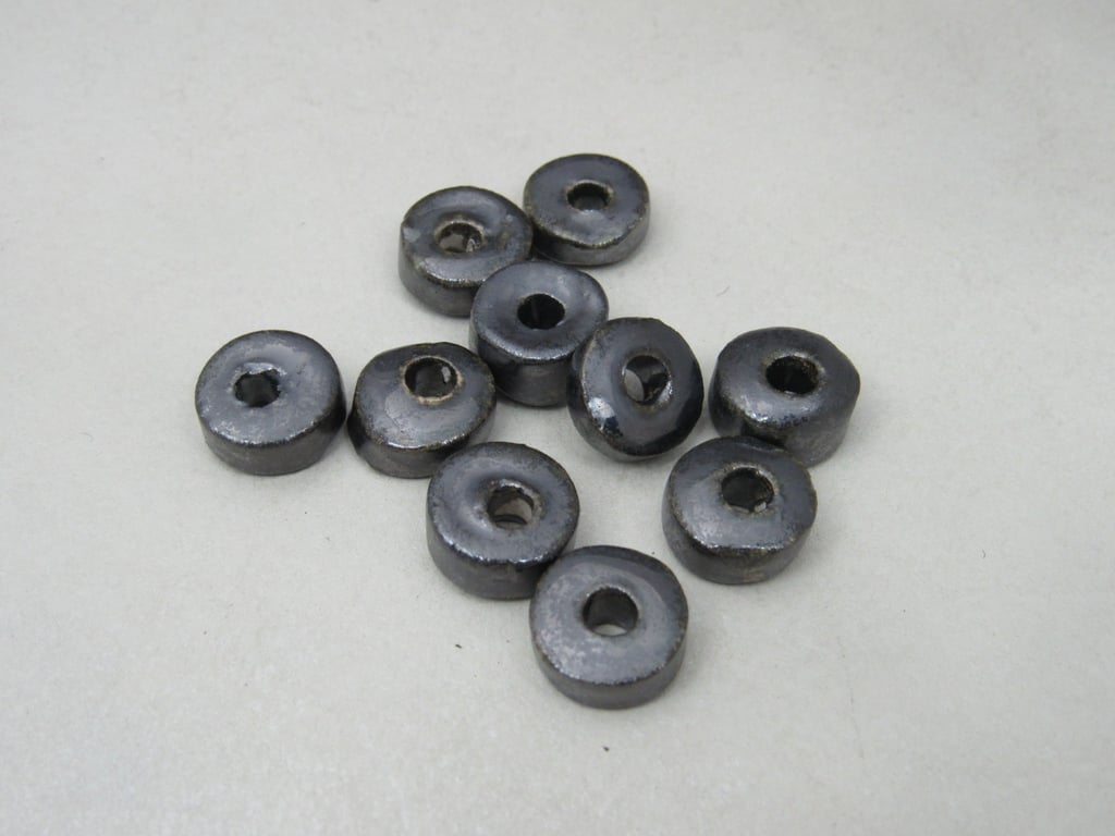 10 Small Metallic Silver Glazed Ceramic Washer Beads