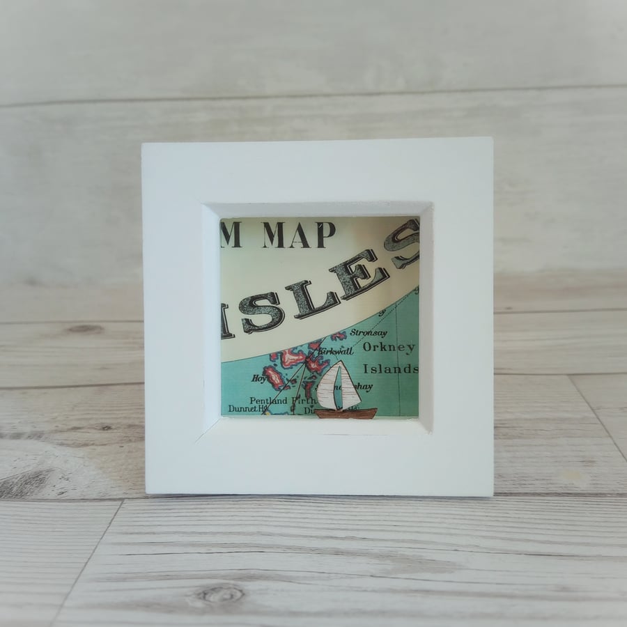 Miniature Nautical Shadow Box, British Isles Picture, Sailing Boat and Map