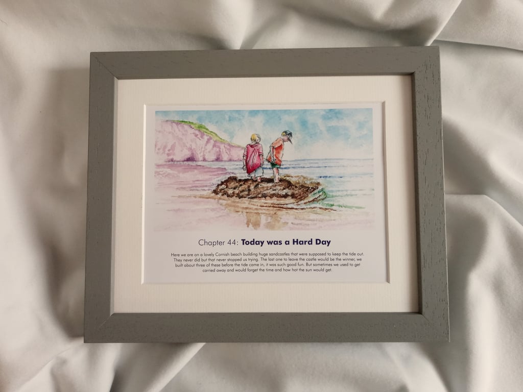 watercolour print of children on a Cornwall Beach building a sandcastle