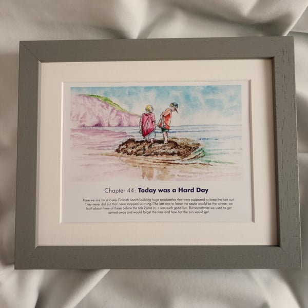 watercolour print of children on a Cornwall Beach building a sandcastle