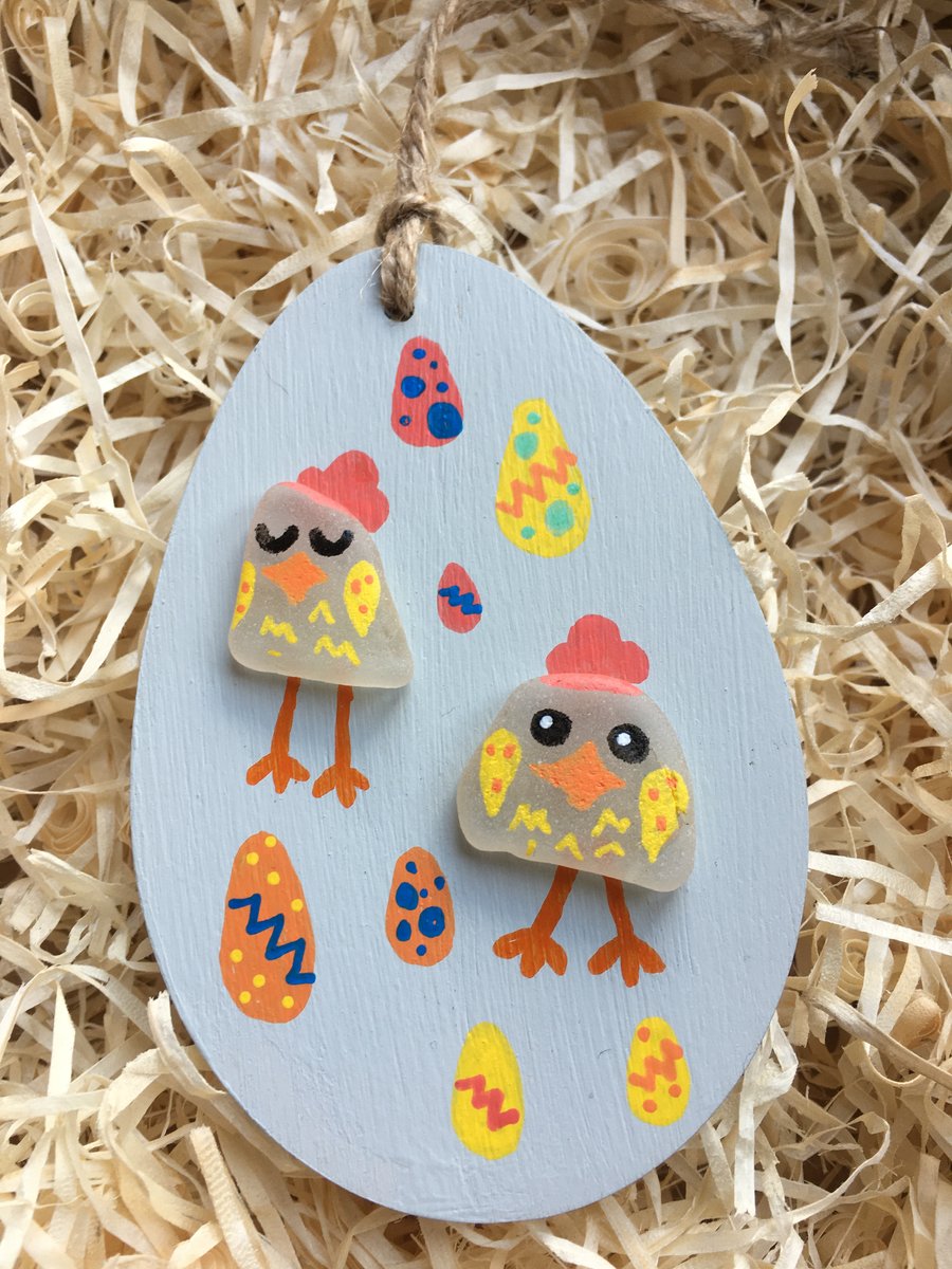 Wooden Easter egg hanging decoration with sea glass chicks