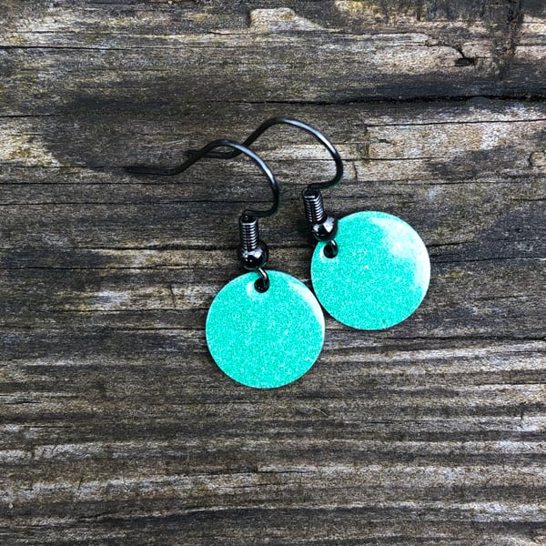Green mix enamel drop earrings. Sterling Silver upgrade available. 
