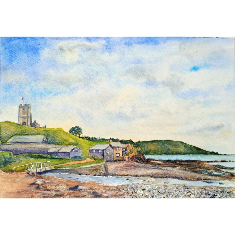 Wembury Beach Devon Original Watercolour Painting Mounted