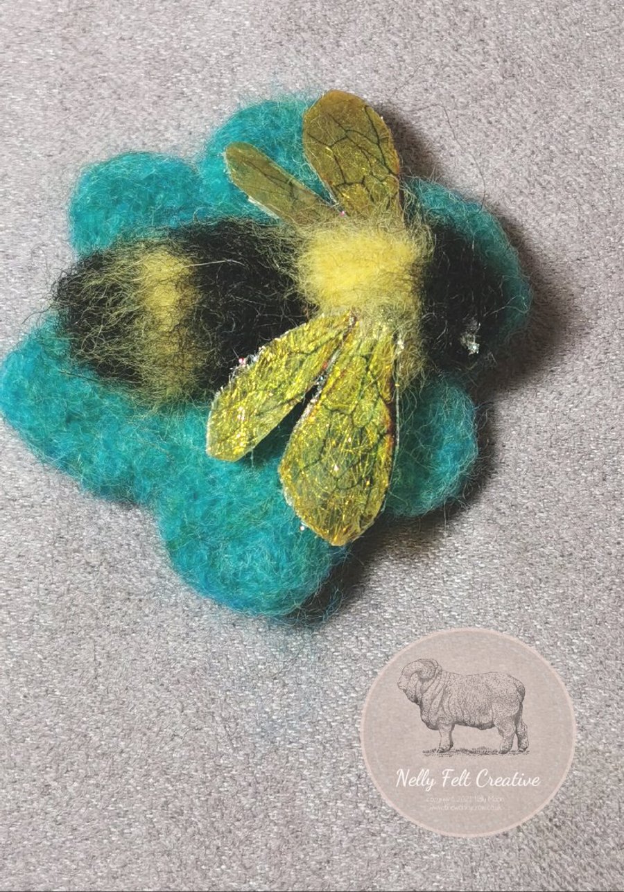 Flower and Bumblebee Needle Felted Brooch