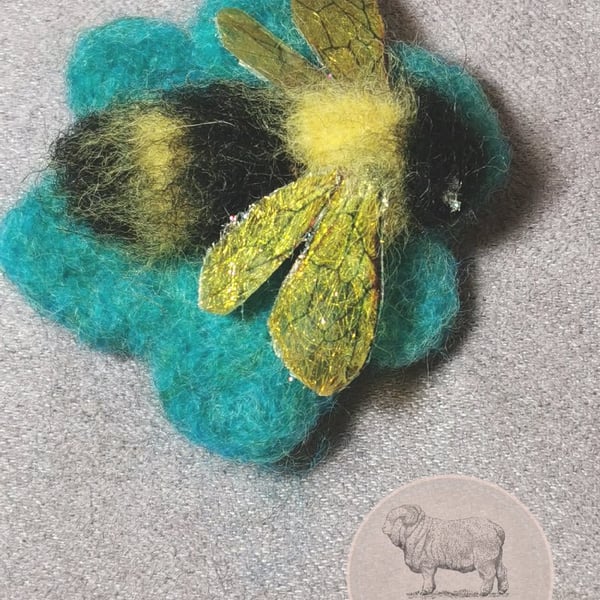 Flower and Bumblebee Needle Felted Brooch