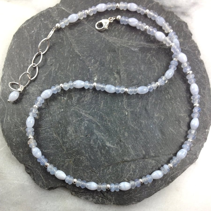 Blue lace agate, chalcedony and silver necklace