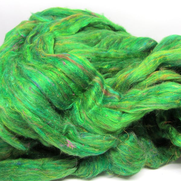 Sample - Recycled Carded Sari Silk Fibres - Emerald 20g
