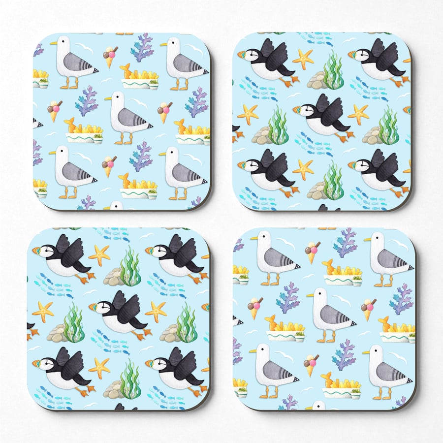 Seaside Coasters (Set of 4) Puffin and Seagull Pattern. Coastal Nautical Kitchen