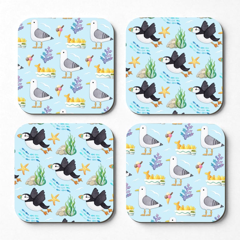 Seaside Coasters (Set of 4) Puffin and Seagull Pattern. Coastal Nautical Kitchen
