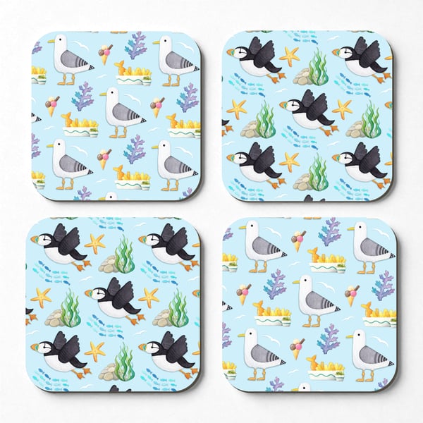 Seaside Coasters (Set of 4) Puffin and Seagull Pattern. Coastal Nautical Kitchen