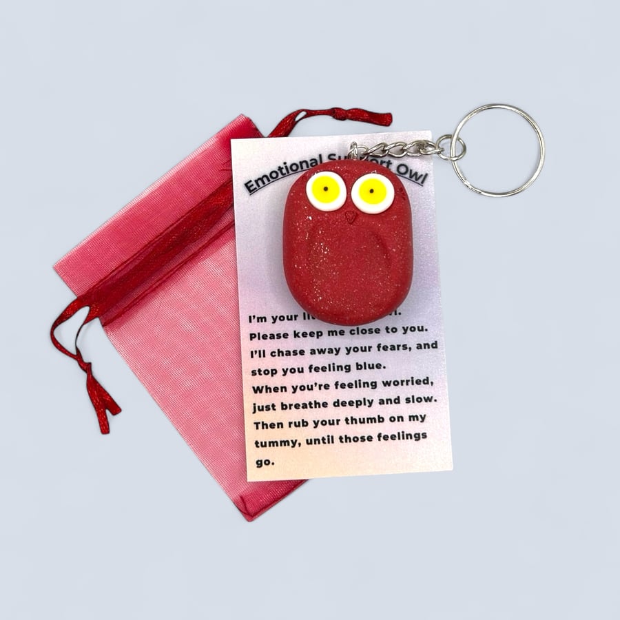 Galaxy Red Worry Stone Owl Keychain - Emotional Support Owl Fidget Stone