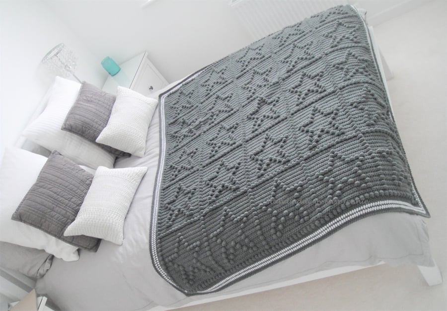 Star crochet blanket, Bed blanket, Large chunky Afghan, Sofa blanket, Grey blank